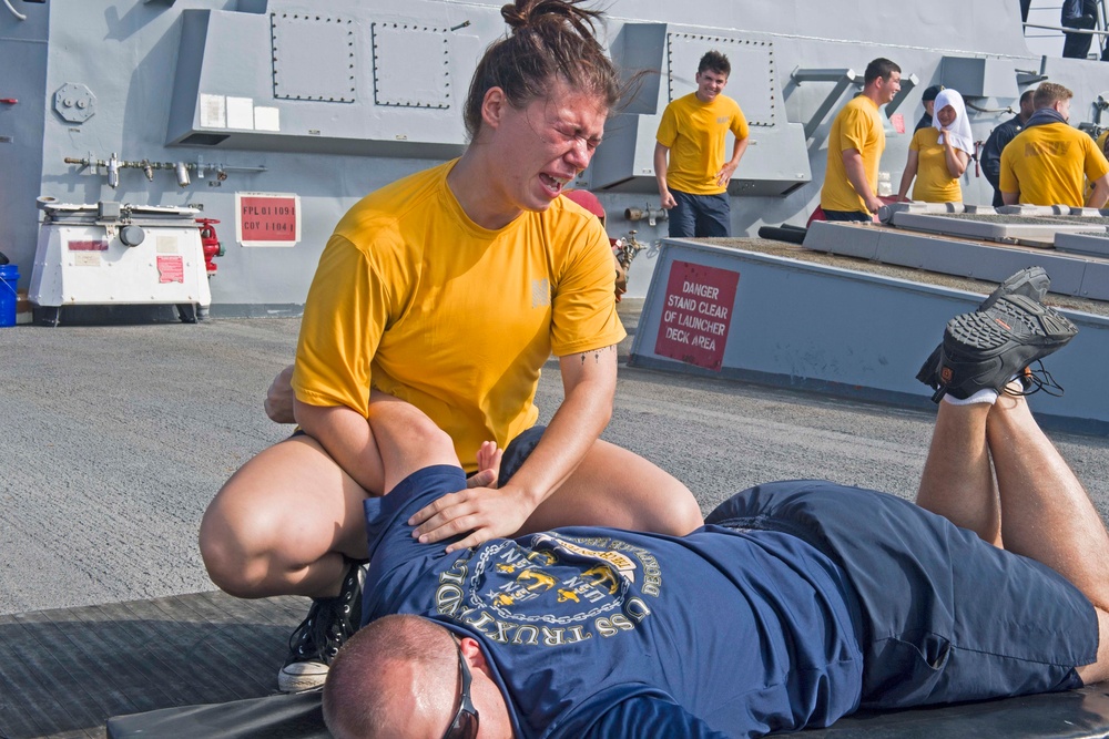 Truxtun, part of the George H.W. Bush Carrier Strike Group (GHWBCSG), is conducting naval operations in the U.S. 6th Fleet area operations in support of U.S. national security interests in Europe and Africa.