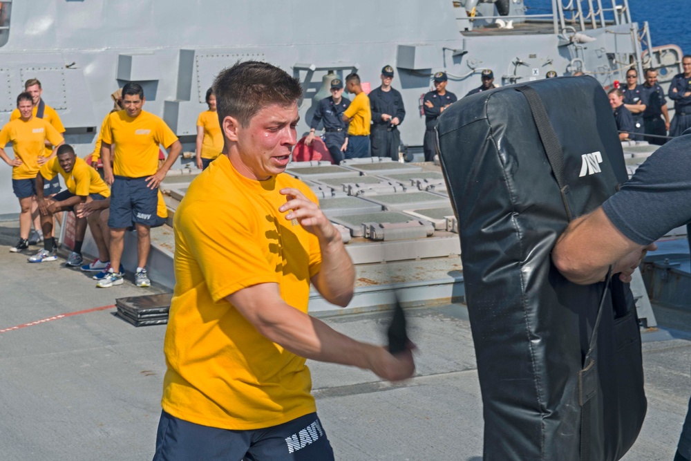 Truxtun, part of the George H.W. Bush Carrier Strike Group (GHWBCSG), is conducting naval operations in the U.S. 6th Fleet area operations in support of U.S. national security interests in Europe and Africa.