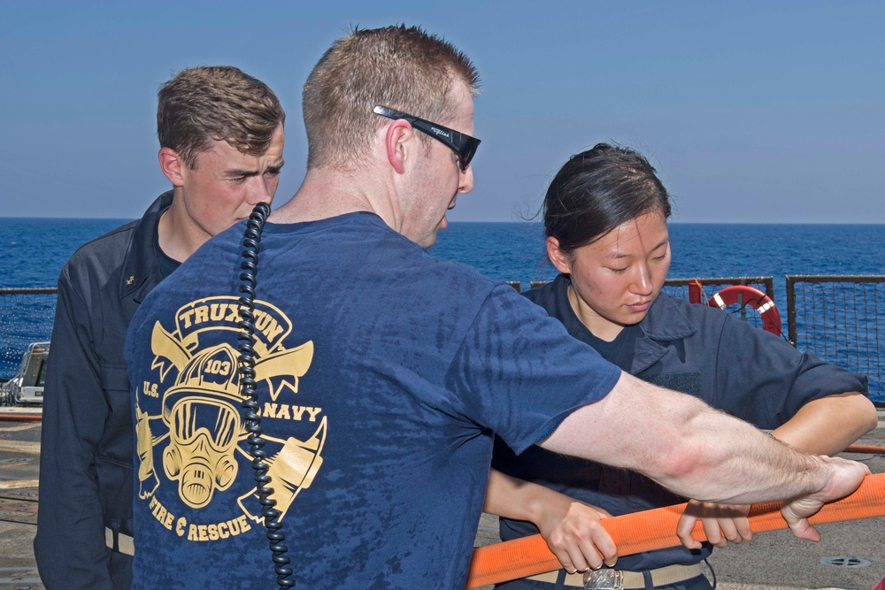 Truxtun, part of the George H.W. Bush Carrier Strike Group (GHWBCSG), is conducting naval operations in the U.S. 6th Fleet area operations in support of U.S. national security interests in Europe and Africa.