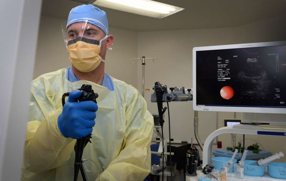 The 88th Medical Operations Squadron perform an Endobronchial Ultrasound Sampling Fine Needle Aspirate procedure inside the operating room at Wright-Patt