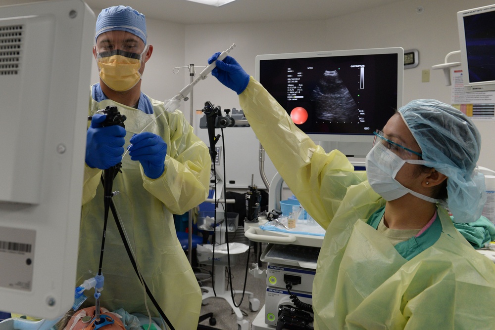 The 88th Medical Operations Squadron perform an Endobronchial Ultrasound Sampling Fine Needle Aspirate procedure inside the operating room at Wright-Patt