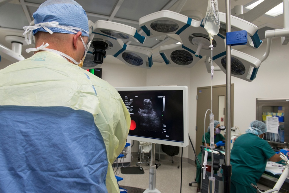 The 88th Medical Operations Squadron perform an Endobronchial Ultrasound Sampling Fine Needle Aspirate procedure inside the operating room at Wright-Patt