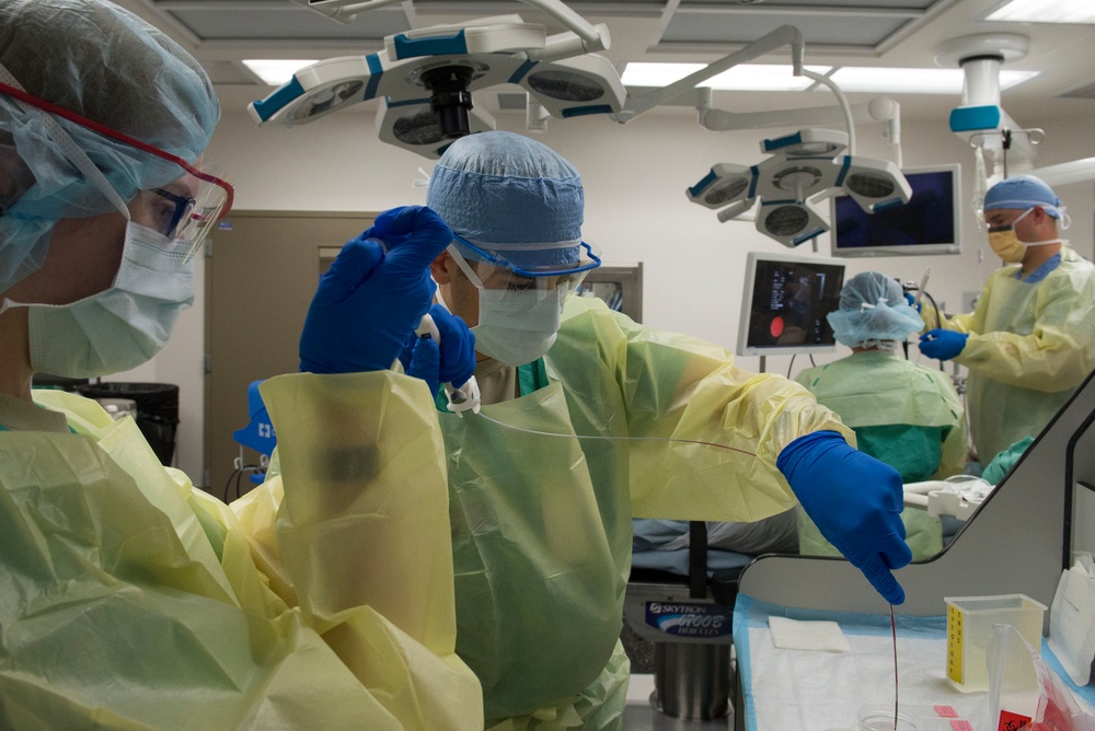 The 88th Medical Operations Squadron perform an Endobronchial Ultrasound Sampling Fine Needle Aspirate procedure inside the operating room at Wright-Patt