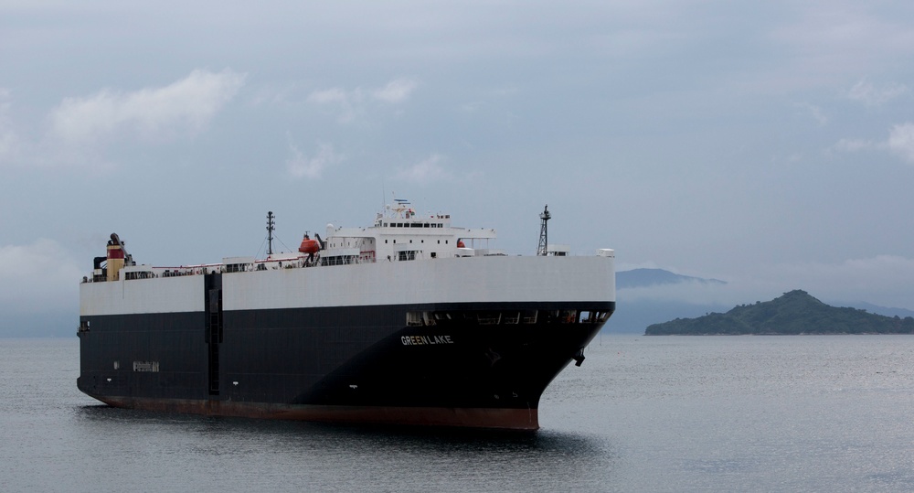 Vehicle carrier ship arrives at MCAS Iwakuni to transport aircraft