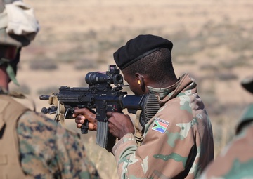 U.S. Marines and Members of the South African Maritime Reaction Squadron swap weapons during Exercise Shared Accord