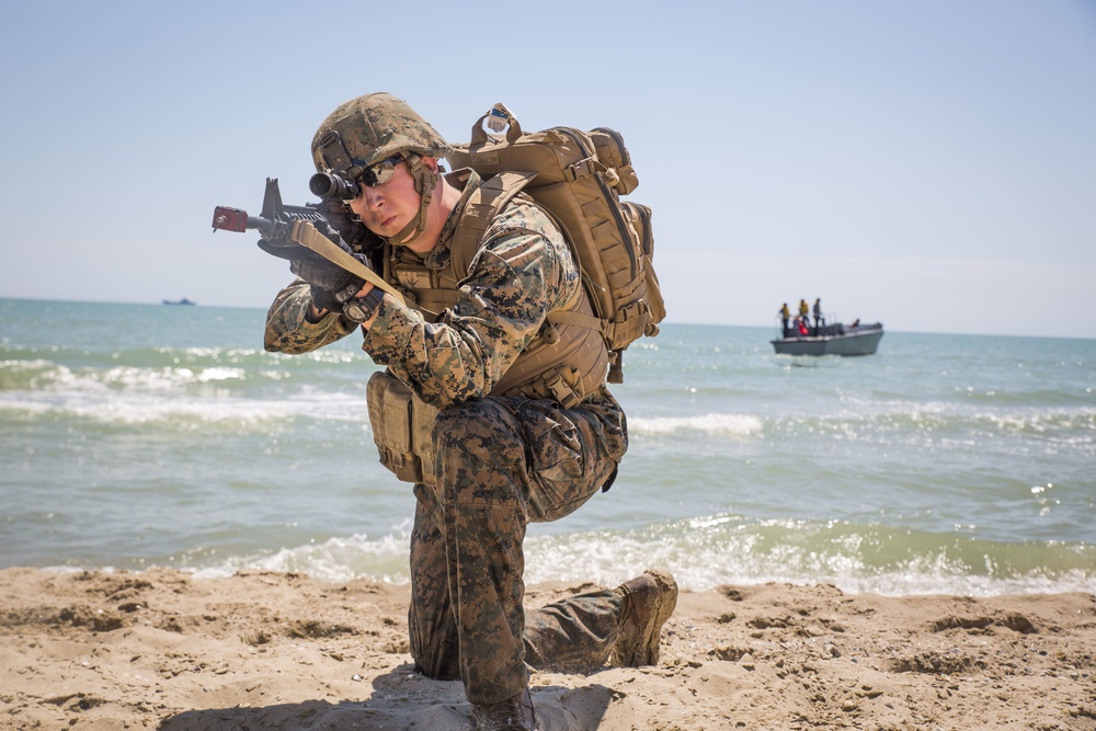 U.S. Marines, Ukrainian marines and Turkish marines conduct an amphibious beach assault during Sea Breeze 17