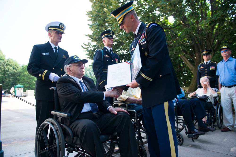 USS Arizona Survivors Participate in an Armed Forces Wreath Laying Ceremony at the Tomb of the Unknown Soldier