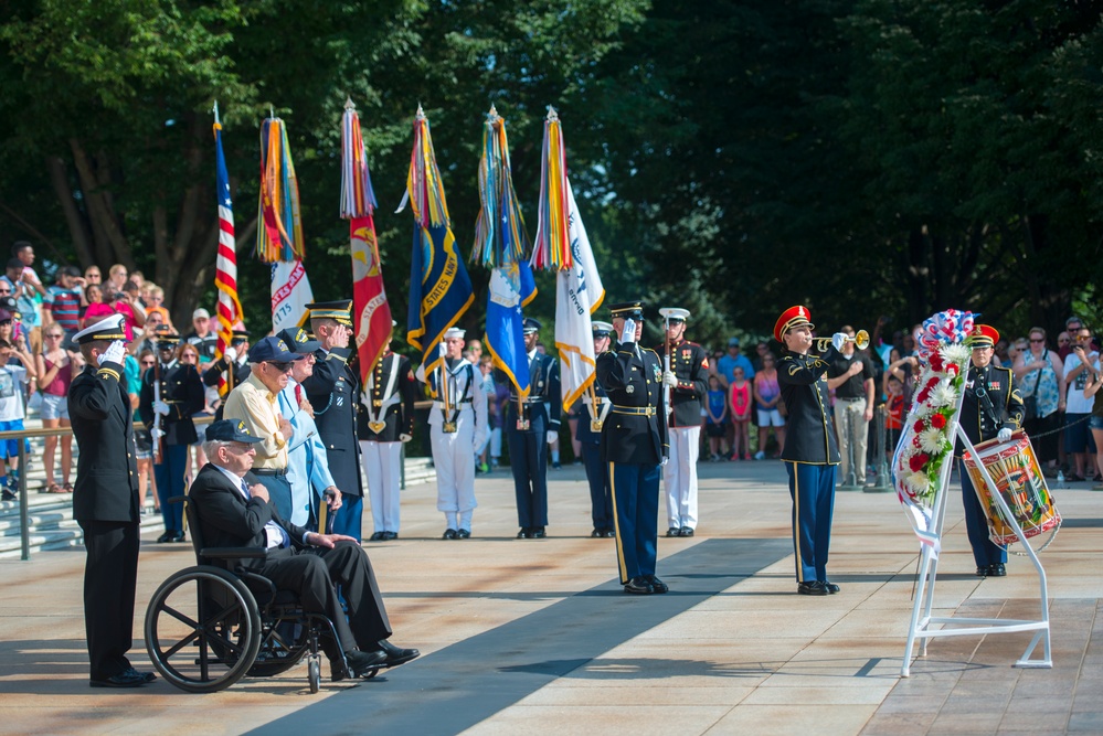 USS Arizona Survivors Participate in an Armed Forces Wreath Laying Ceremony at the Tomb of the Unknown Soldier