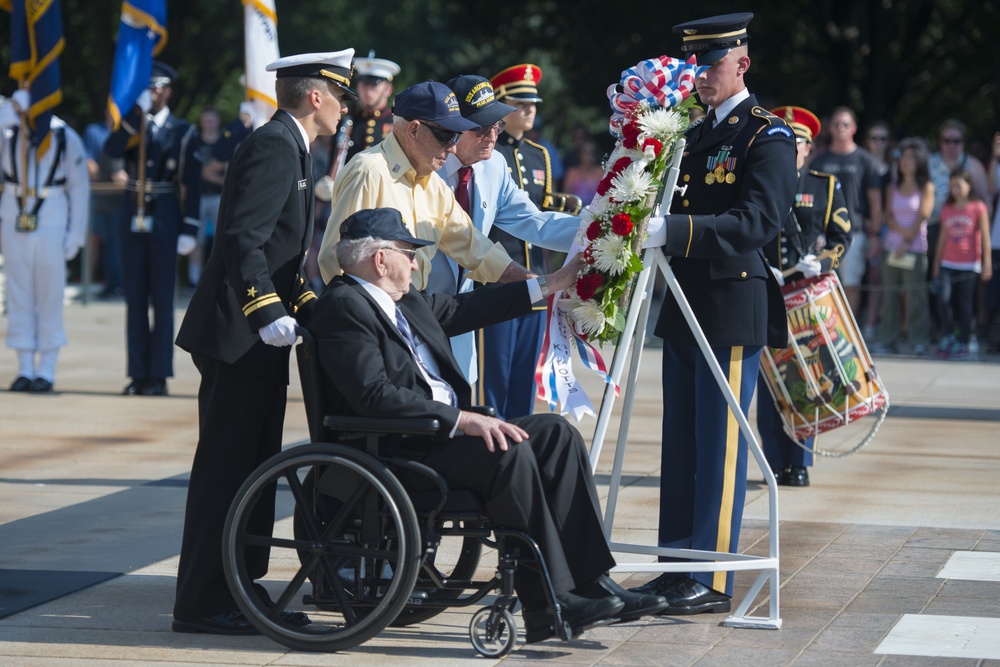 USS Arizona Survivors Participate in an Armed Forces Wreath Laying Ceremony at the Tomb of the Unknown Soldier