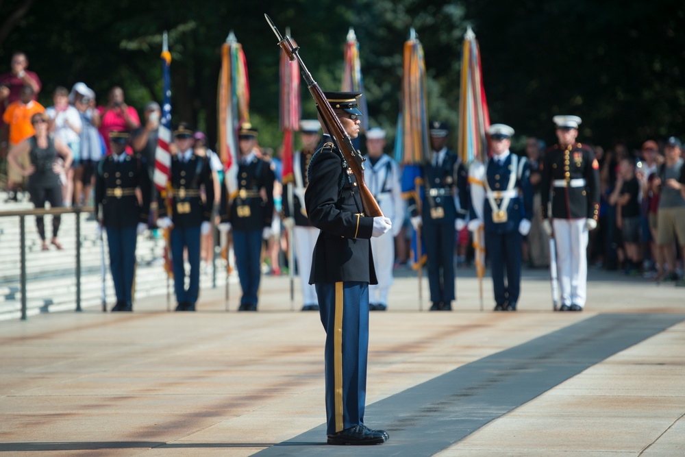 USS Arizona Survivors Participate in an Armed Forces Wreath Laying Ceremony at the Tomb of the Unknown Soldier