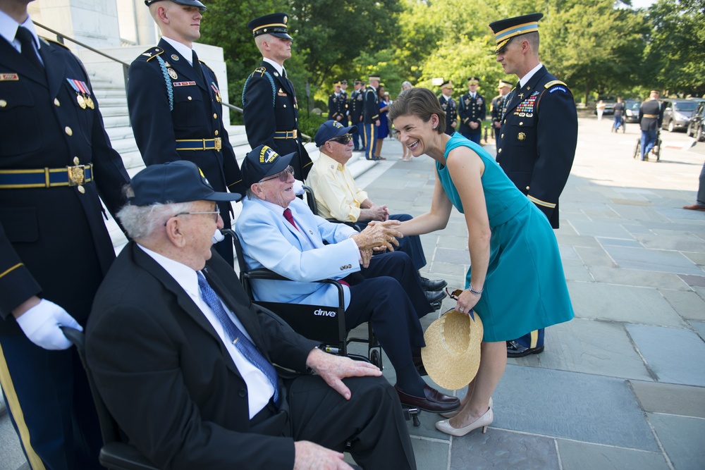 USS Arizona Survivors Participate in an Armed Forces Wreath Laying Ceremony at the Tomb of the Unknown Soldier