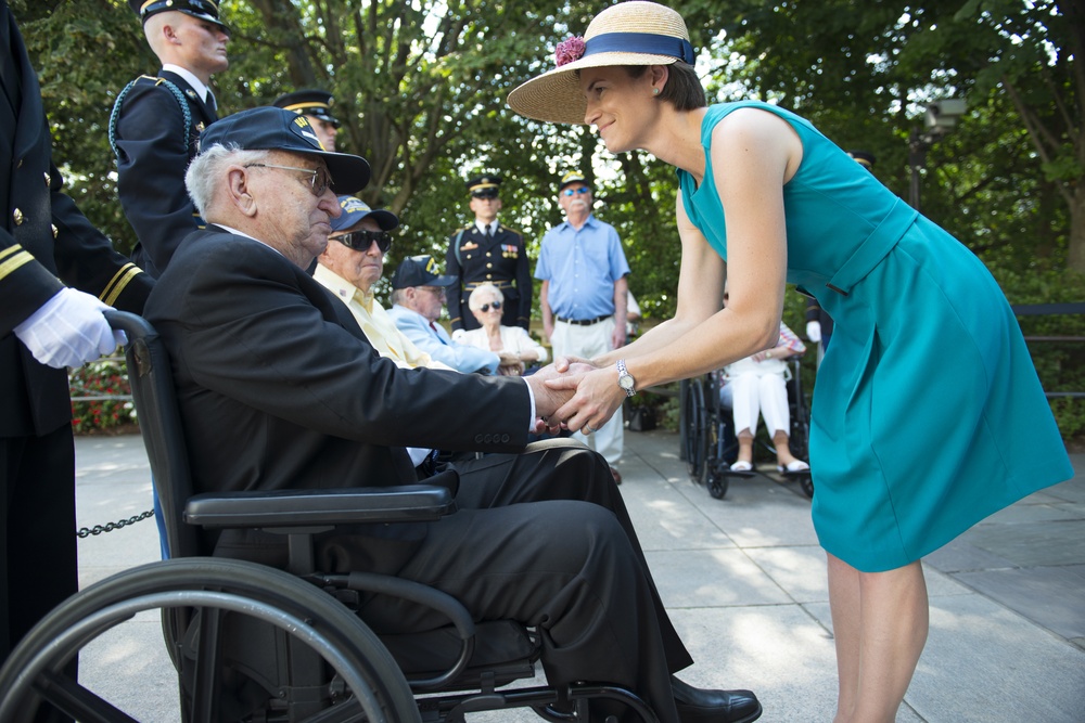 USS Arizona Survivors Participate in an Armed Forces Wreath Laying Ceremony at the Tomb of the Unknown Soldier