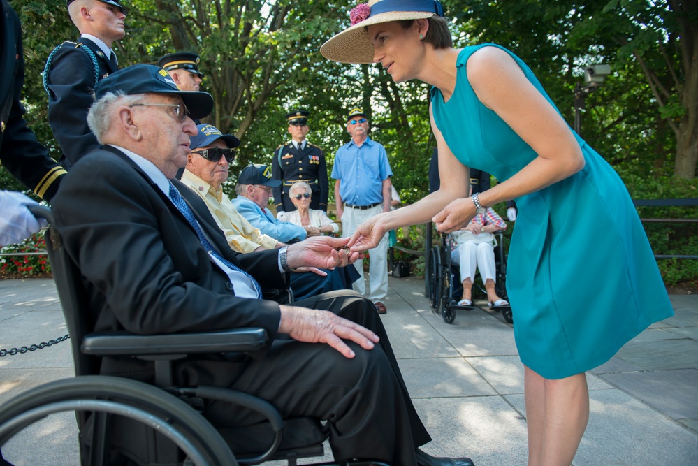 USS Arizona Survivors Participate in an Armed Forces Wreath Laying Ceremony at the Tomb of the Unknown Soldier