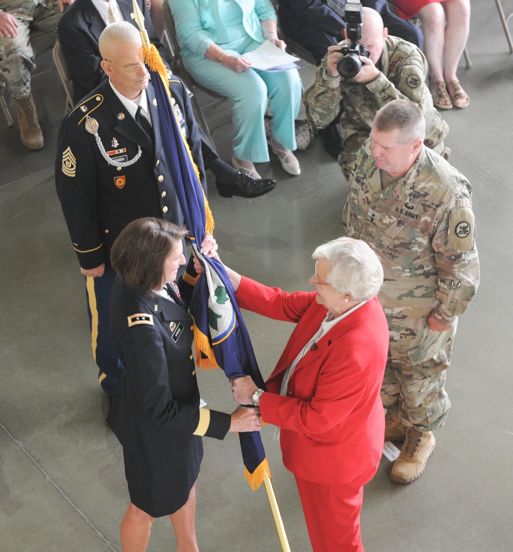 Alabama Gov. Kay Ivey passes the colors to Maj. Gen. Sheryl Gordon during a change of command ceremony at Alabama National Guard Joint Force Headquarters, Montgomery, Alabama, July 28, 2017.