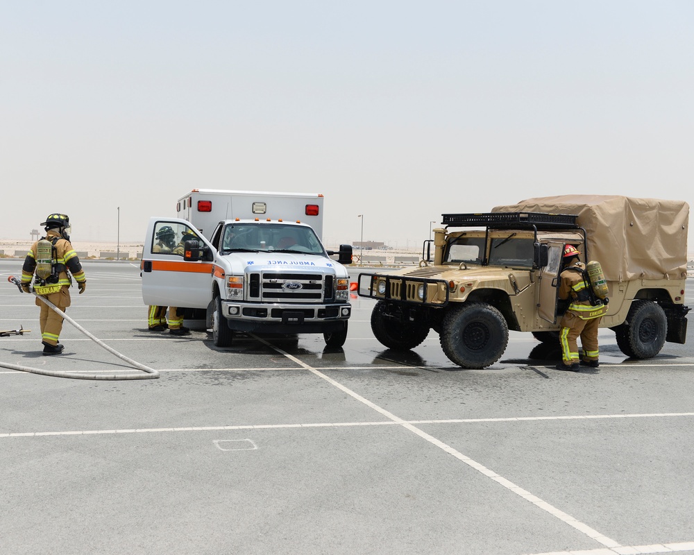 Leadership of the 379th Air Expeditionary Wing get a first-hand look at the base clinic and a 911 emergency response exercise