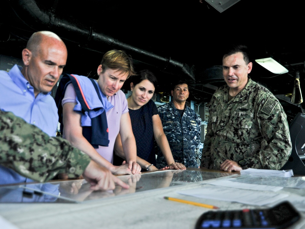 Staff delegates from the Senate and House Appropriations Committees tour USS Emory S. Land (AS 39)