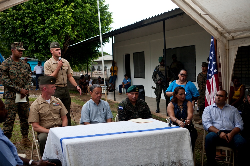 Marines with the SPMAGTF-SC conduct ribbon cutting ceremony for school projects in Trujillo