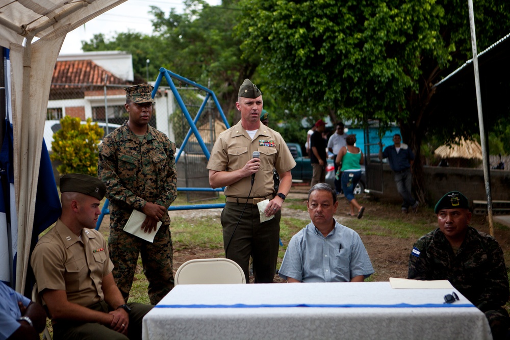 Marines with the SPMAGTF-SC conduct ribbon cutting ceremony for school projects in Trujillo