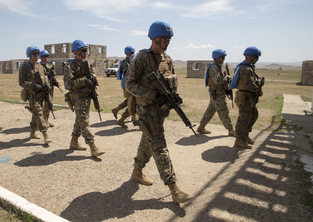 U.S. Marines with 3rd Law Enforcement Battalion cordon and search a mock village during Exercise Khaan Quest 2017