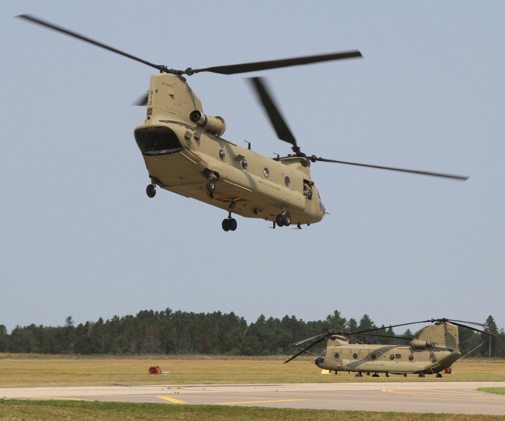 Northern Strike 17: CH-47 Chinook takes off from Grayling Army Airfield