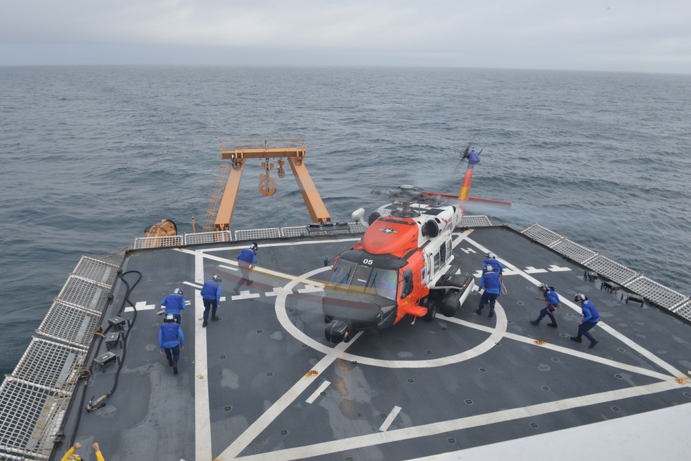 MH-60 Jayhawk helicopter lands on the flight deck of the Coast Guard Cutter Healy