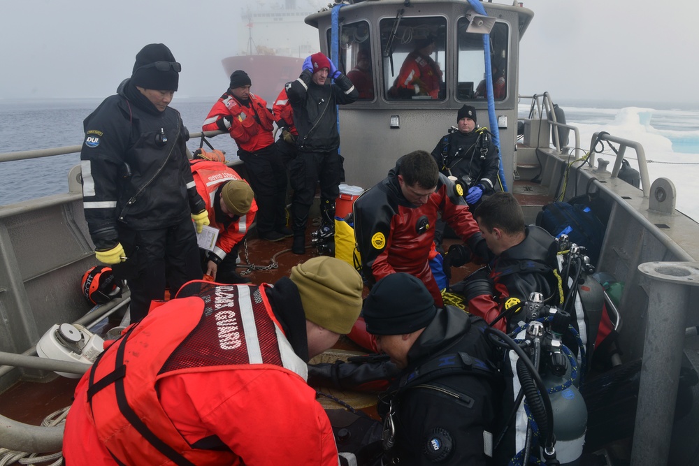 A joint Coast Guard-Navy dive team prepare for an Arctic dive