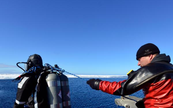 Joint Coast Guard-Navy dive team conduct cold water ice dive in the Arctic