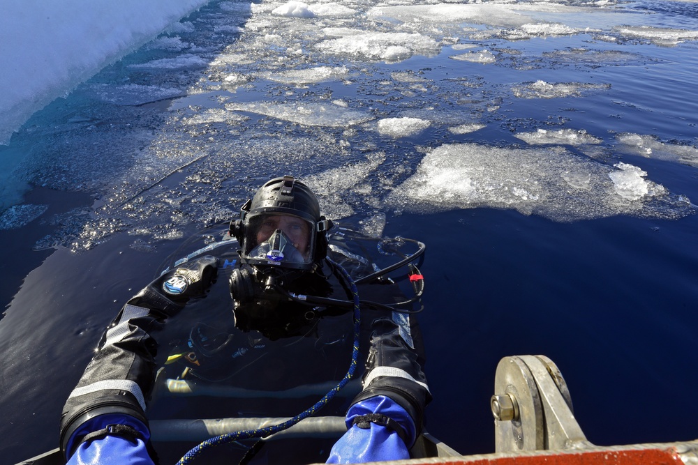 Joint Coast Guard-Navy dive team conduct cold water ice dives in the Arctic
