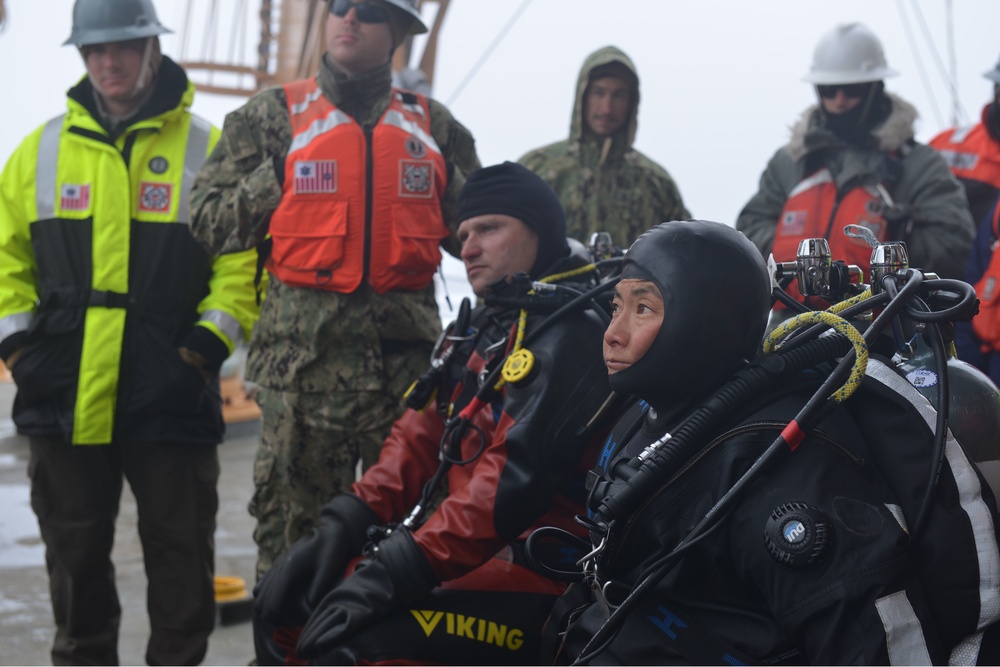 Joint Coast Guard-Navy dive team prepare for a cold water ice dive in the Arctic