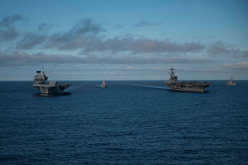 Saxon Warrior is a United States and United Kingdom co-hosted carrier strike group exercise that demonstrates interoperability and capability to respond to crises and deter potential threats.