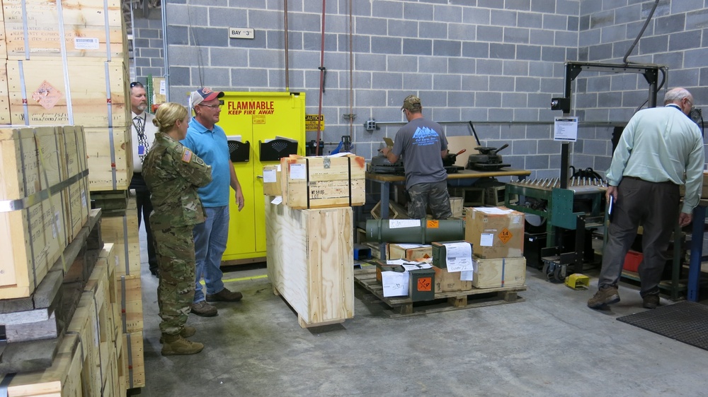 Keith Eyer provides an overview of Letterkenny Munitions Center’s Less Than Truckload Facility and capabilities to Col. Heidi Hoyle, Commander, Joint Munitions Command.