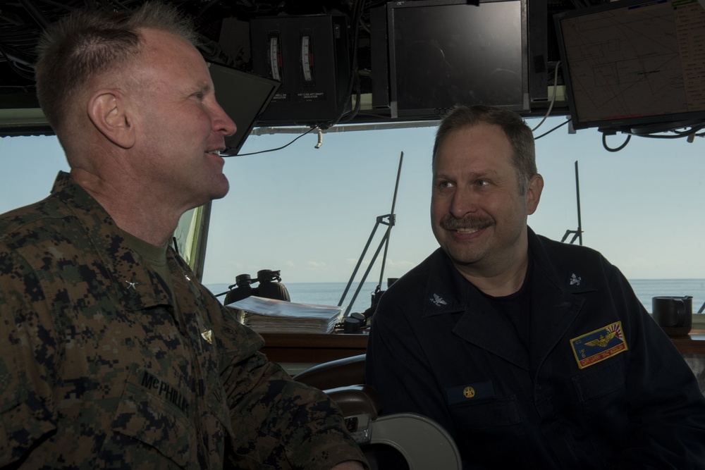 Brig. Gen. Christopher A. McPhillips, commanding general, 3rd Marine Expeditionary Brigade (MEB), Tours USS Bonhomme Richard (LHD 6)