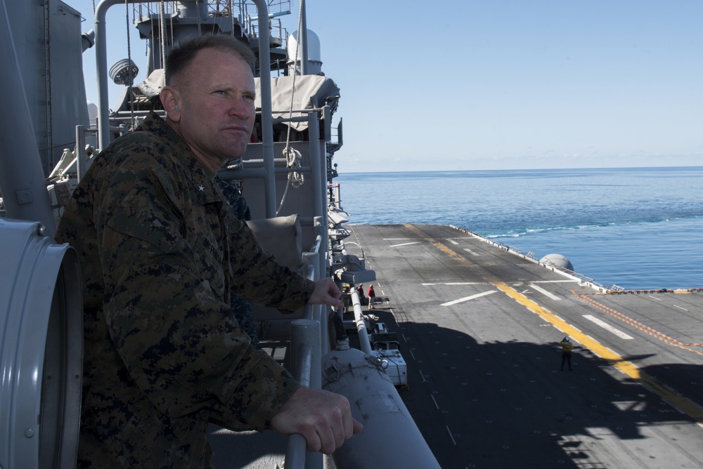 Brig. Gen. Christopher A. McPhillips, commanding general, 3rd Marine Expeditionary Brigade (MEB), Tours USS Bonhomme Richard (LHD 6)