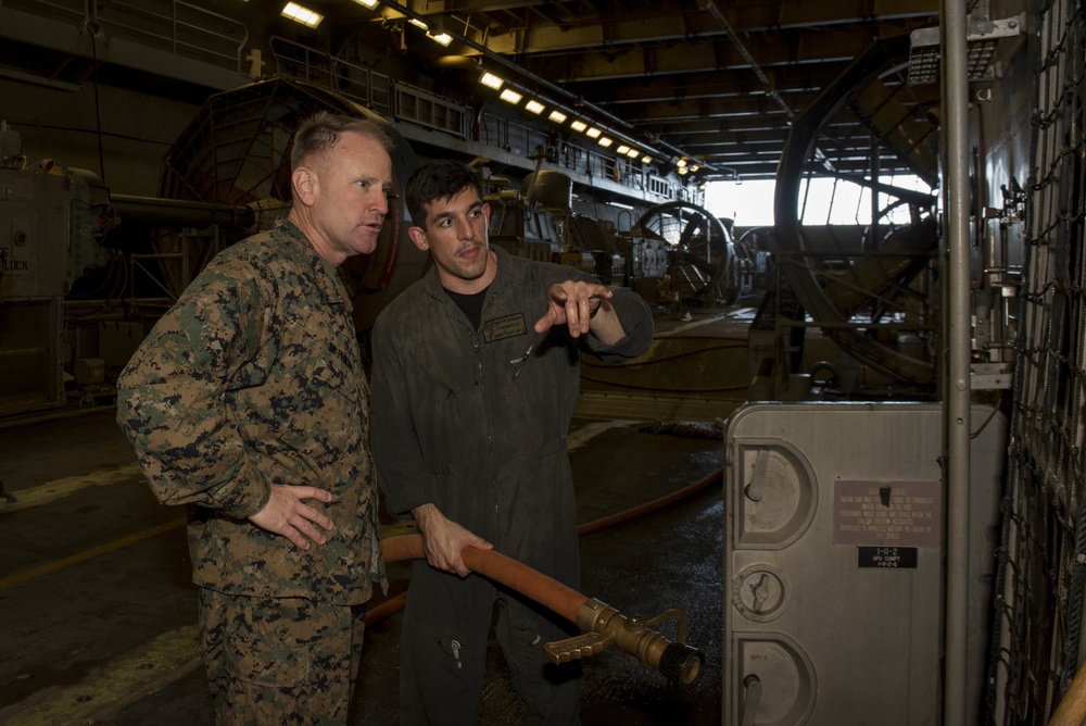 Brig. Gen. Christopher A. McPhillips, commanding general, 3rd Marine Expeditionary Brigade (MEB), Tours USS Bonhomme Richard (LHD 6)