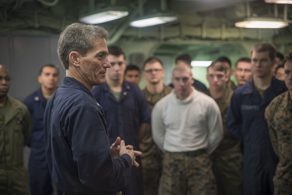 ESG 7 Commander holds All Hands Call with Combat Cargo Marines from the 31st MEU