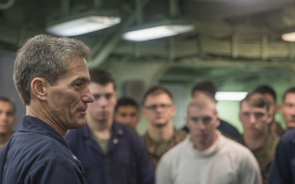 ESG 7 Commander holds All Hands Call with Combat Cargo Marines from the 31st MEU