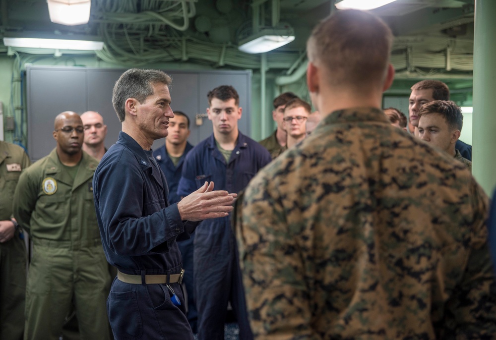 ESG 7 Commander holds All Hands Call with Combat Cargo Marines from the 31st MEU