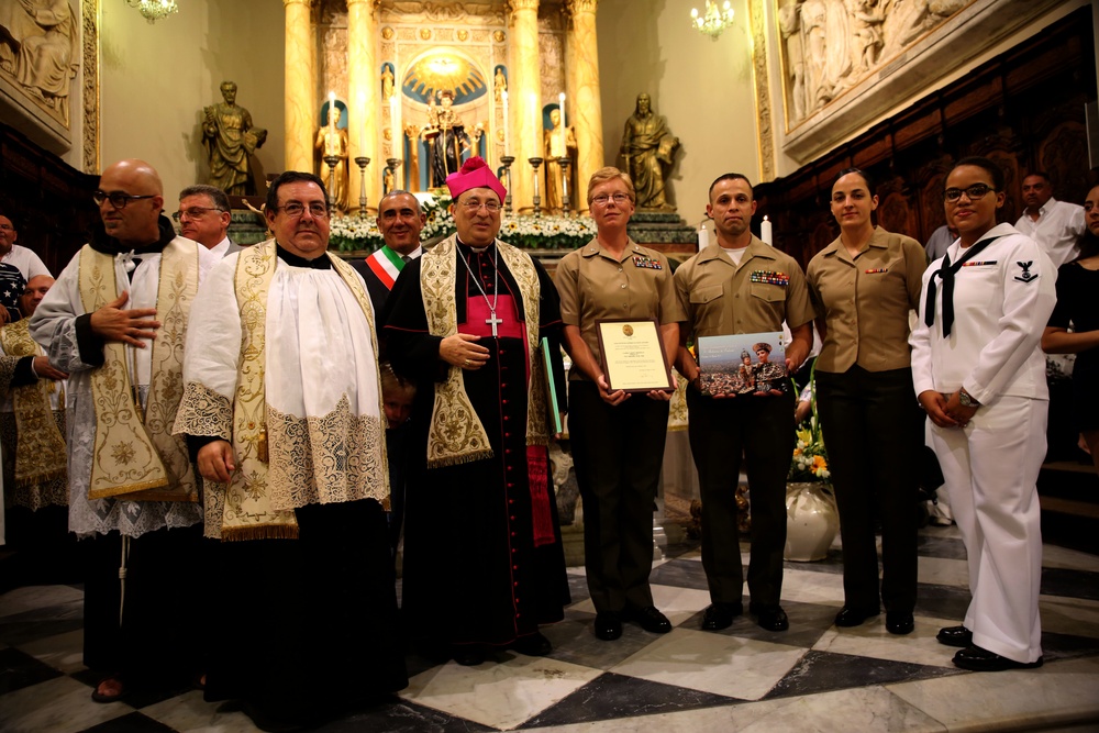 SPMAGTF-CR-AF LCE Marines and Sailors join Italians in Saint Anthony of Padua patron saint festival.