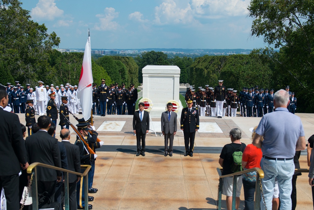 His Excellency Tarō Kōno, Foreign Minister of Japan, and His Excellency Itsunori Onodera, Japanese Minister of Defense Participate in an Armed Forces Full Honors Wreath-Laying Ceremony at Arlington National Cemetery