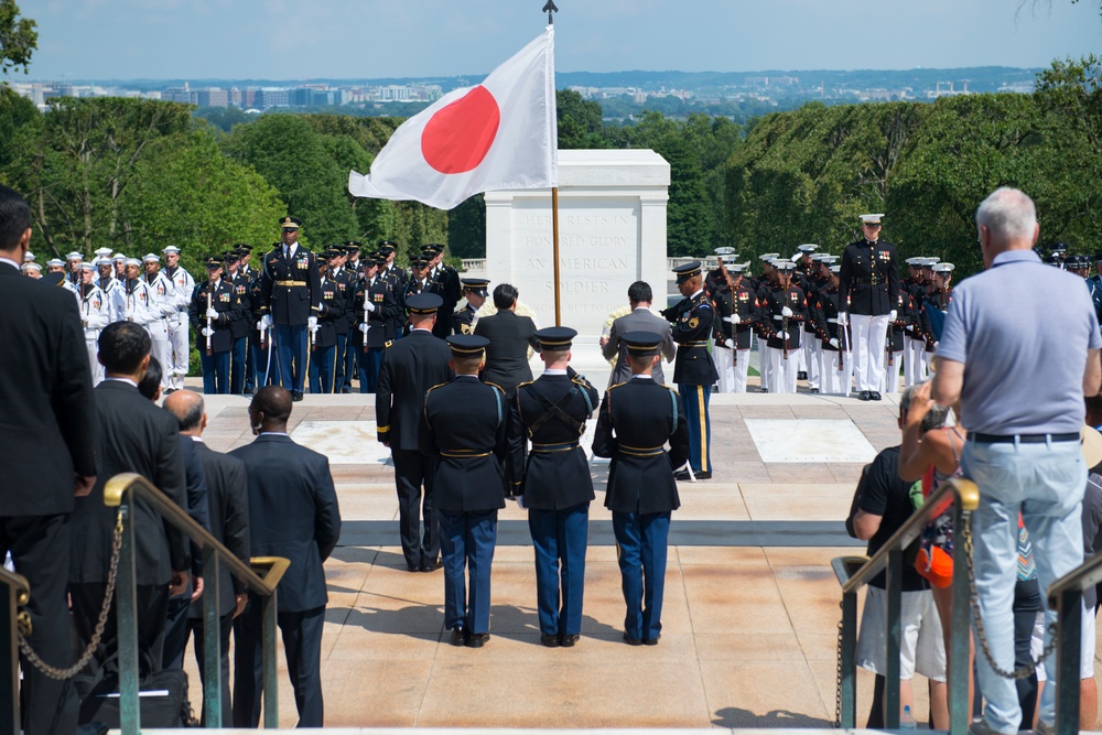 His Excellency Tarō Kōno, Foreign Minister of Japan, and His Excellency Itsunori Onodera, Japanese Minister of Defense Participate in an Armed Forces Full Honors Wreath-Laying Ceremony at Arlington National Cemetery