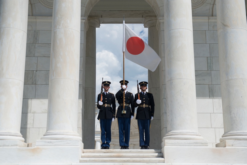 His Excellency Tarō Kōno, Foreign Minister of Japan, and His Excellency Itsunori Onodera, Japanese Minister of Defense Participate in an Armed Forces Full Honors Wreath-Laying Ceremony at Arlington National Cemetery