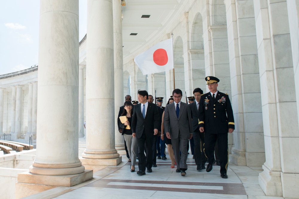 His Excellency Tarō Kōno, Foreign Minister of Japan, and His Excellency Itsunori Onodera, Japanese Minister of Defense Participate in an Armed Forces Full Honors Wreath-Laying Ceremony at Arlington National Cemetery
