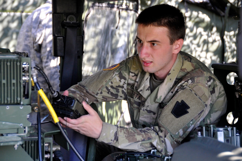 Soldier using radio equipment