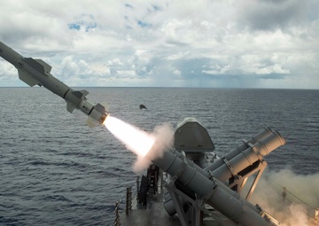 USS Coronado hits target with lethal, Harpoon Missile during training near Guam