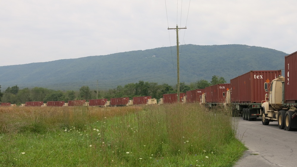 The 1148th Transportation Company, Georgia Army National Guard lines up prior to unloading shipping containers at Letterkenny Munitions Center in support of Operation Patriot Bandoleer.