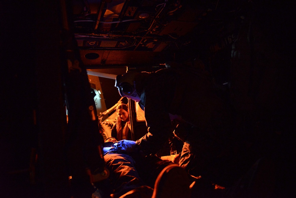 Medical training at night aboard USS San Diego (LPD 22)