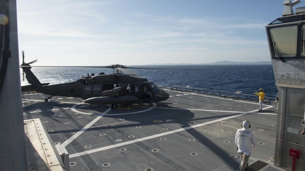 Sailors and Civil Service Mariners support Flight Operations aboard USNS Spearhead (T-EPF 1)