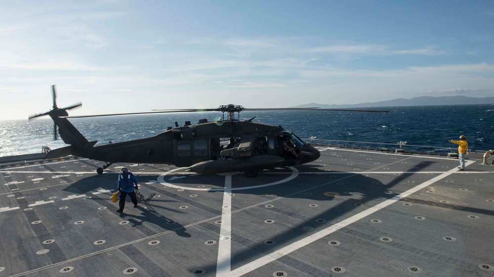 Sailors and Civil Service Mariners support Flight Operations aboard USNS Spearhead (T-EPF 1)