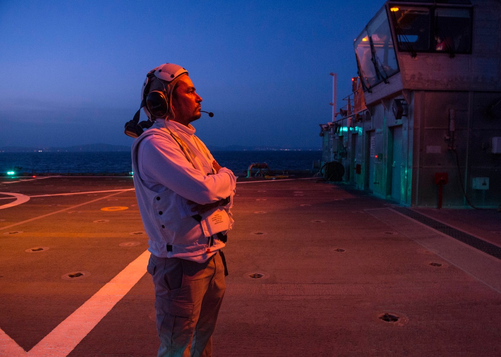 Sailors and Civil Service Mariners support Flight Operations aboard USNS Spearhead (T-EPF 1)