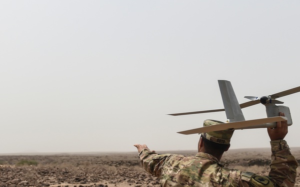 A military soldier in camouflage uniform is preparing to hand-launch a small fixed-wing unmanned aerial vehicle (UAV) in an arid, rocky desert environment. The soldier holds the drone overhead with one arm extended forward, indicating an imminent throw-launch. The terrain is barren and rocky, consistent with a desert or semi-arid region.